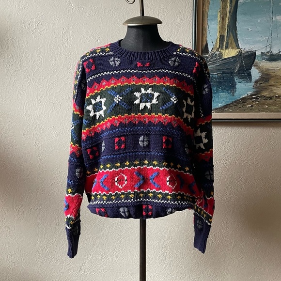 GAP Other - Vintage 90s hand knit colourful 100% cotton GAP crew neck sweater size large